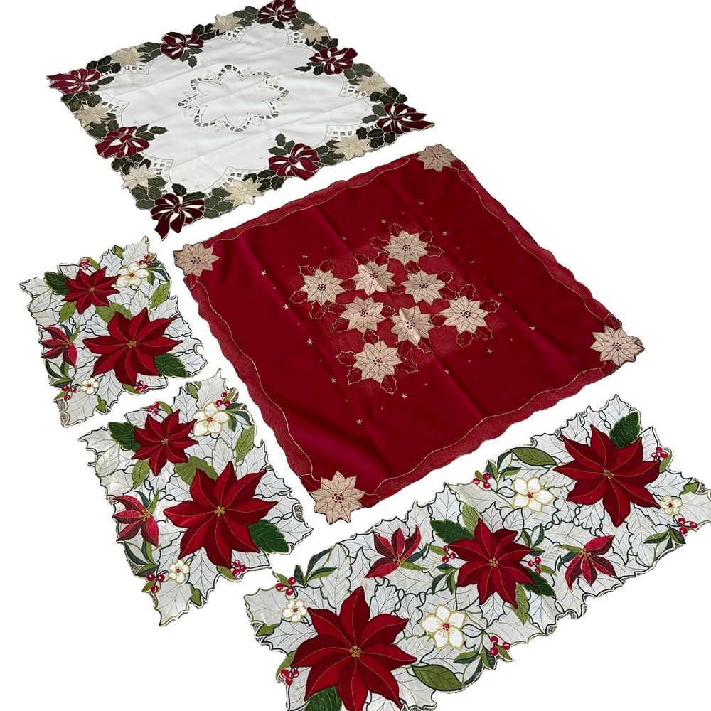 Lot Vintage Christmas Cutwork Embroidered Tablecloth Runner Placemats Poinsettia
